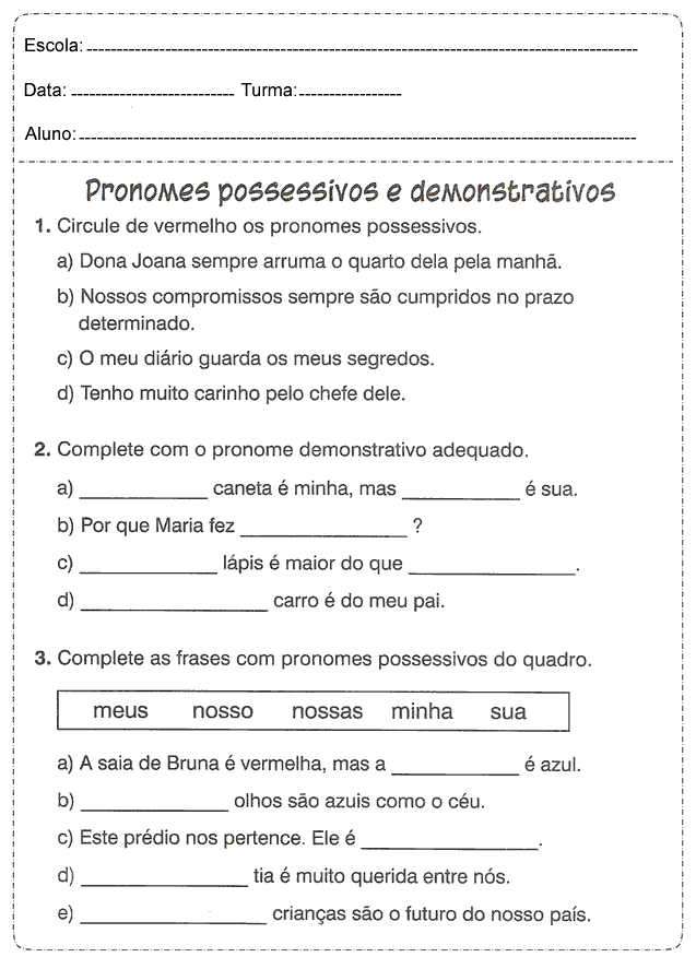 Atividades de Português para 5º ano Pronomes possessivos e