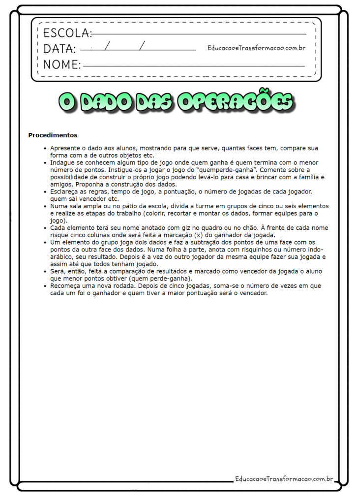 Atividades de matemática 1º ano - O Dado das Operações