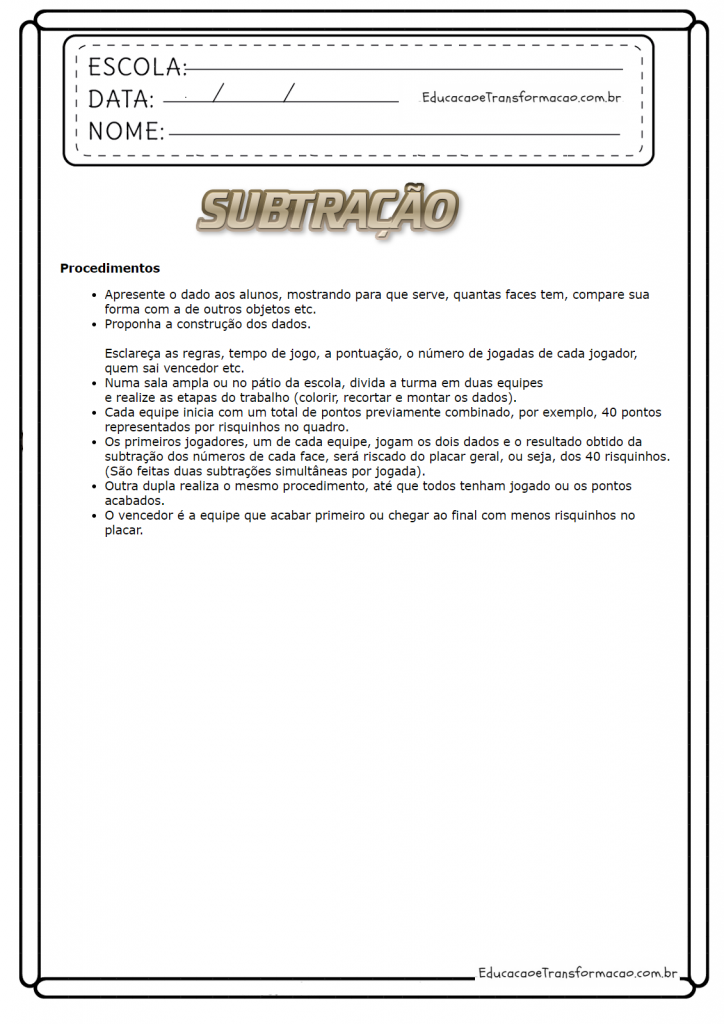 Atividades de Matemática (Subtração) 2 ano - Dados - Imprimir