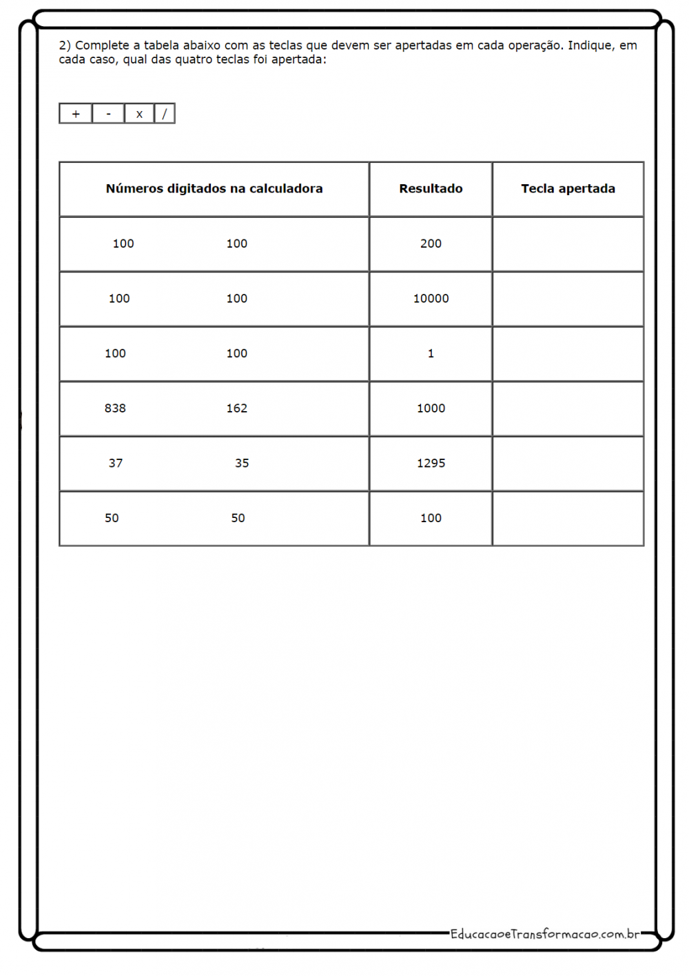 Atividades de Matemática 4º ano - Use a Calculadora - Folha 02