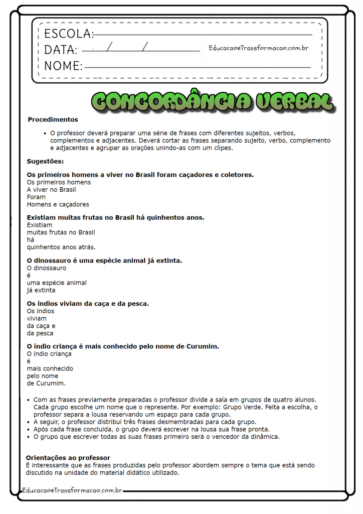 Atividades de português 5 ano - Concordância Verbal para imprimir