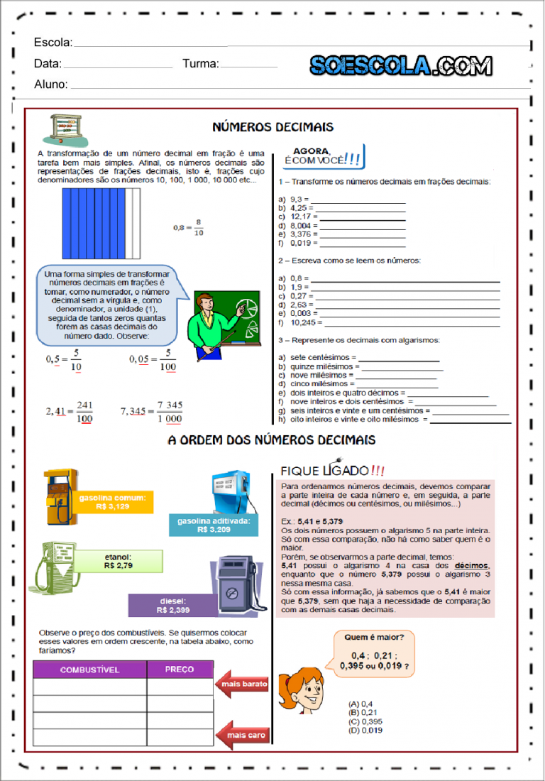 Atividades Com Números Decimais Para Imprimir E Baixar Em PDF