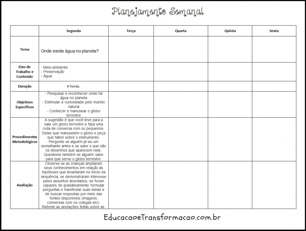 Modelo De Planejamento Semanal Escolar Para Imprimir