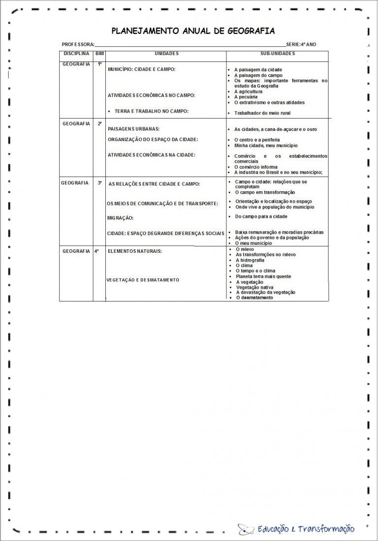 Planejamento Anual 4 Ano Do Ensino Fundamental Geografia Educação E Transformação 