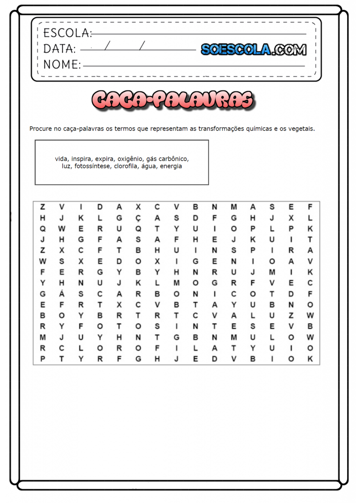 Atividades - Caça Palavras de Ciências para 4 ano