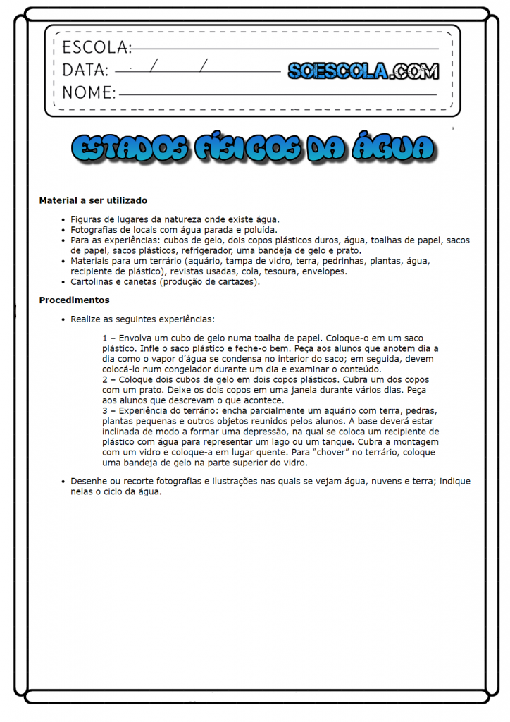 Atividades de Ciências 3 ano - Os Estados físicos da água