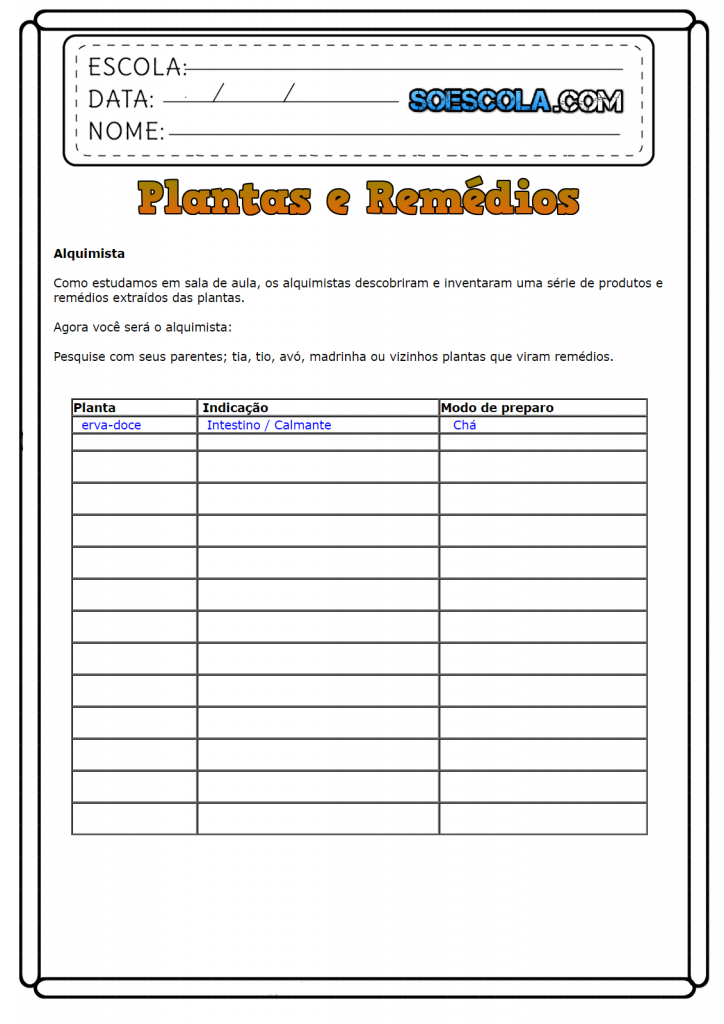 Atividades para casa (Tarefas) de ciências 4 ano - Plantas e Remédios
