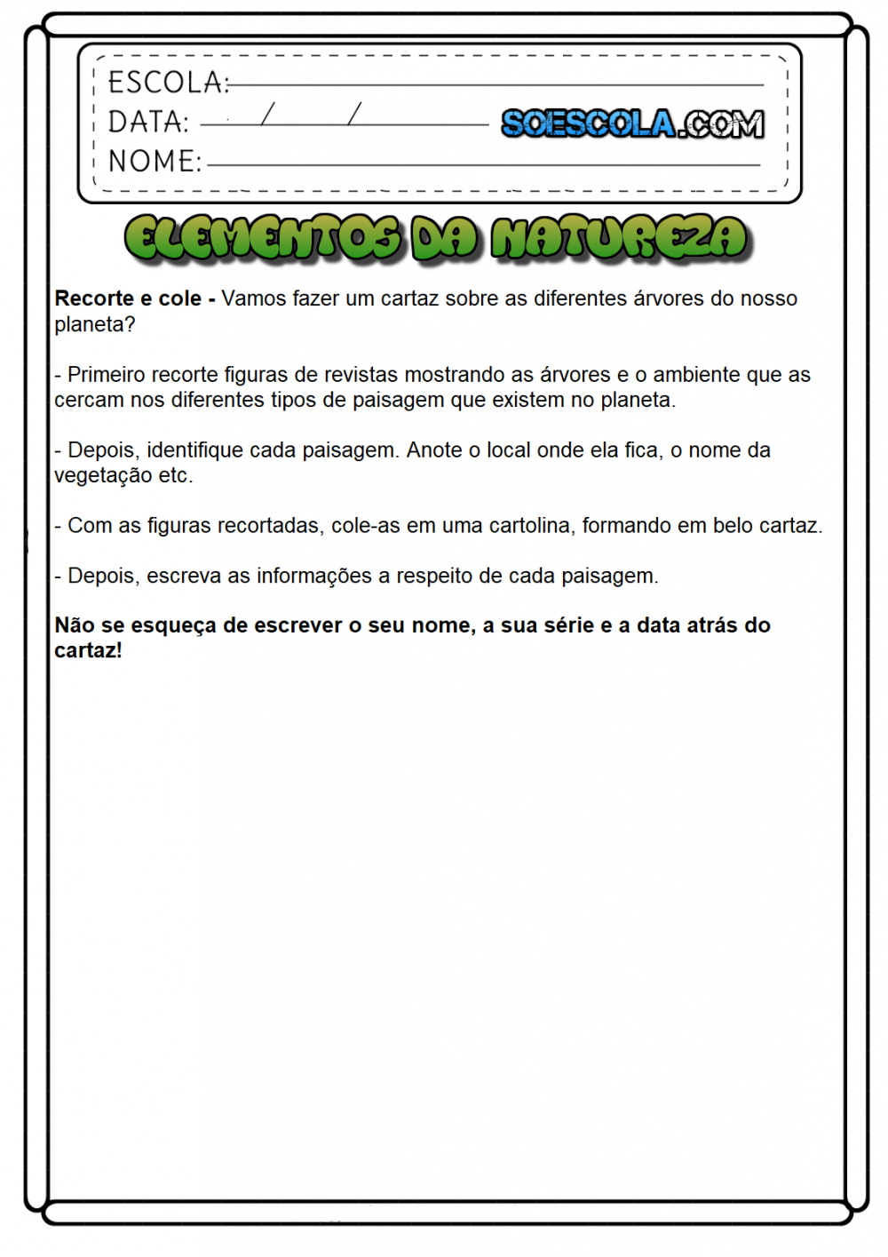 Atividade de Ciências sobre a Natureza - 2° e 3° ano