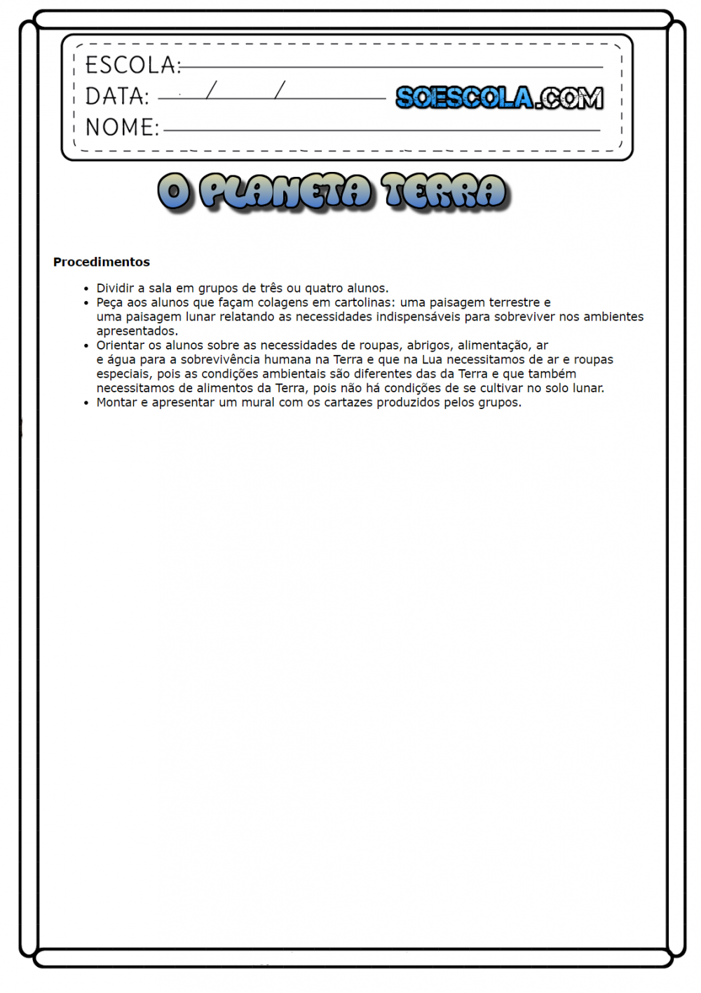 Atividades de Ciências 4 ano: O Planeta Terra - Imprimir