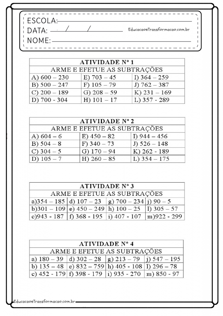 Atividades de Matemática - Subtração com unidade e dezena e centena - Folha 01