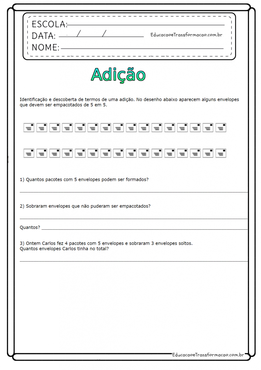 Atividades de Matemática 5º ano - Adição para imprimir