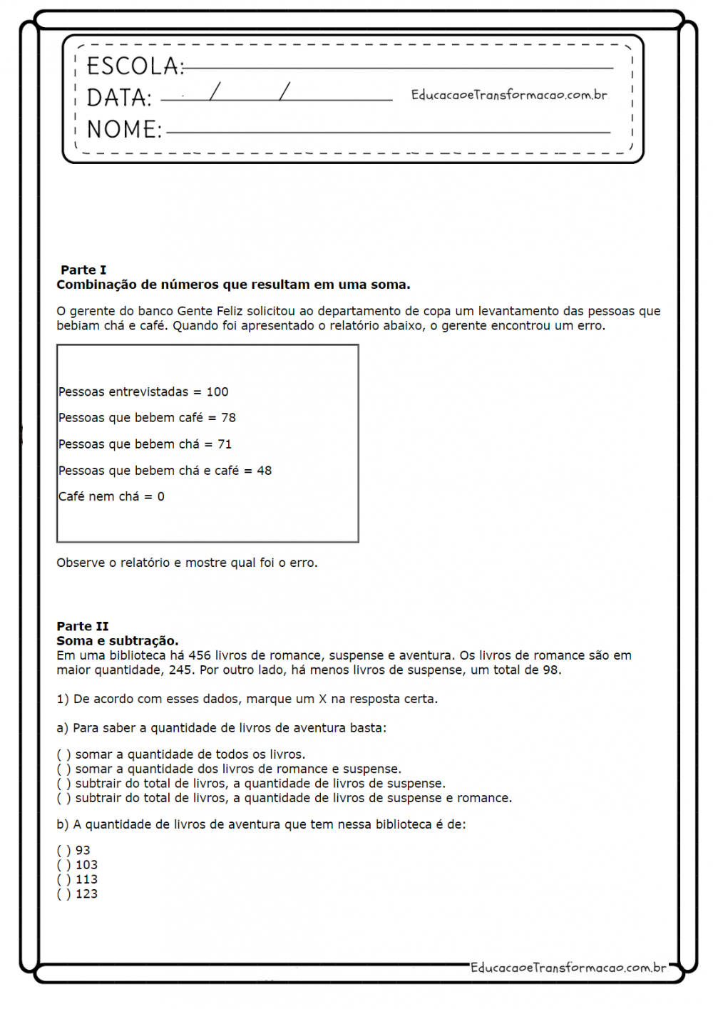 Atividades de Matemática 5º ano - Combinação de números (Soma e Subtração)