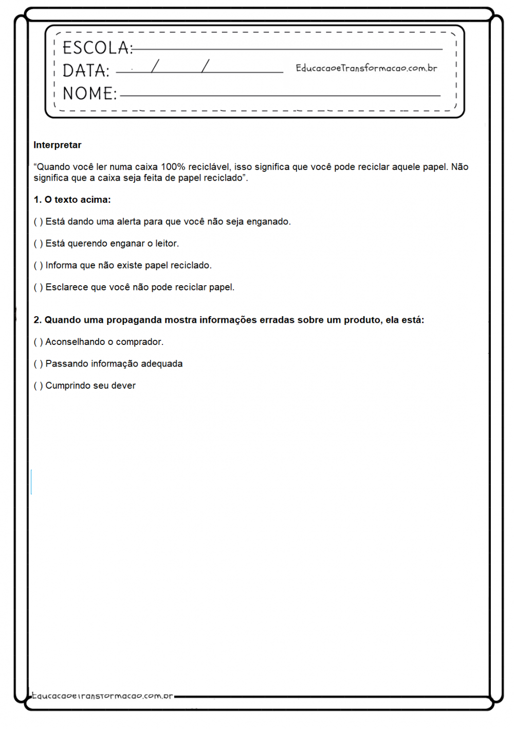 Atividades de Português 4º ano - Interpretação - Para Imprimir