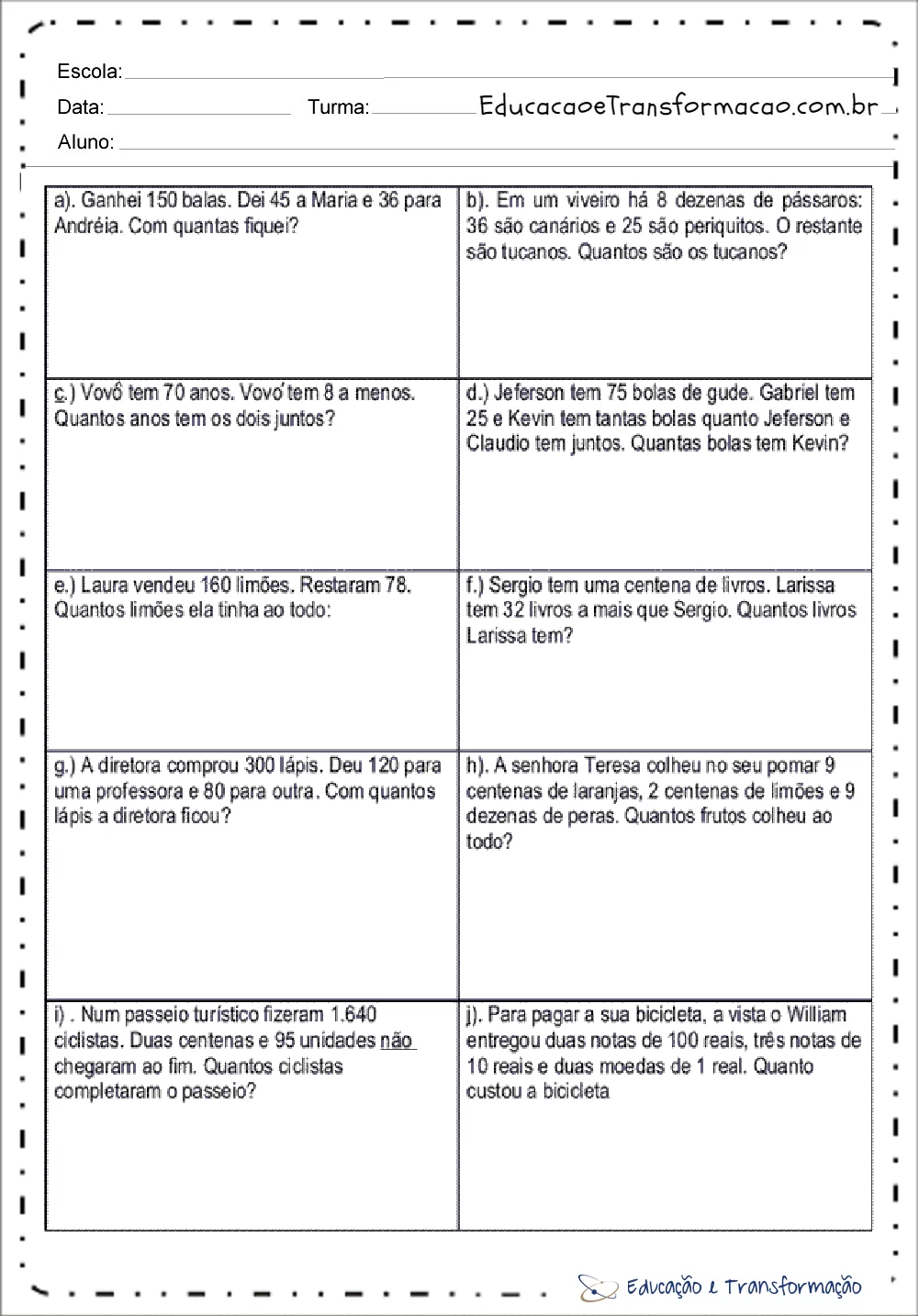 Atividades de matemática 4º ano - Situações - problema 4º ano para